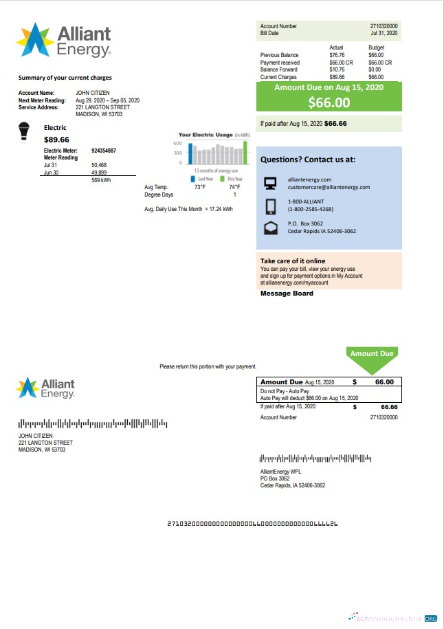 download USA Wisconsin Alliant Energy electricity utility bill template in Word and PDF format PDF template